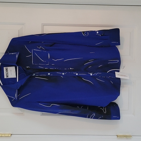 MOSHINO Blouse, Blue, Black & White Size 44 (US 10) NWT - Picture 4 of 5